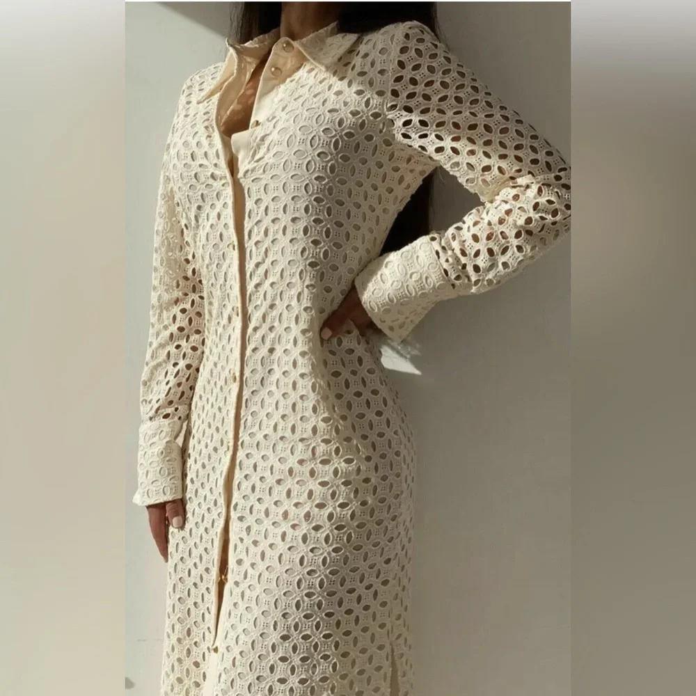 ZARA CREAM EMBROIDERED CUTWORK MIDI DRESS, SIZE M